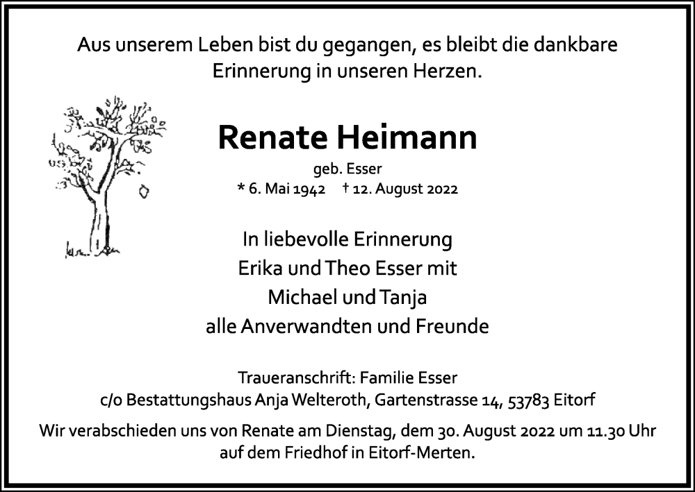  Traueranzeige für Renate Heimann vom 27.08.2022 aus Kölner Stadt-Anzeiger / Kölnische Rundschau / Express