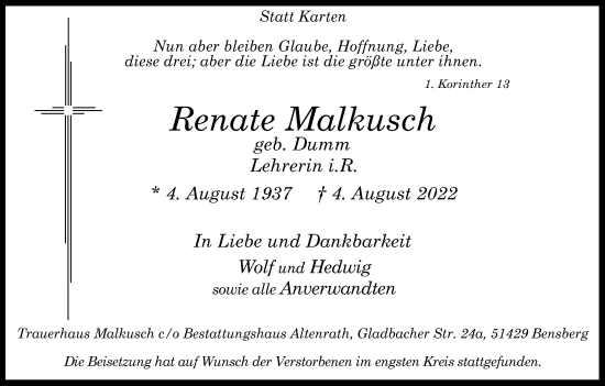 Anzeige von Renate Malkusch von Kölner Stadt-Anzeiger / Kölnische Rundschau / Express