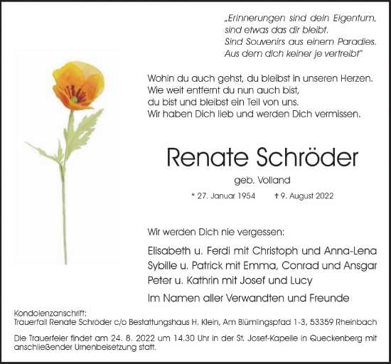 Anzeige von Renate Schröder von  Schaufenster/Blickpunkt 