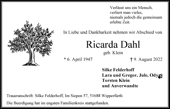 Anzeige von Ricarda Dahl von  Anzeigen Echo 
