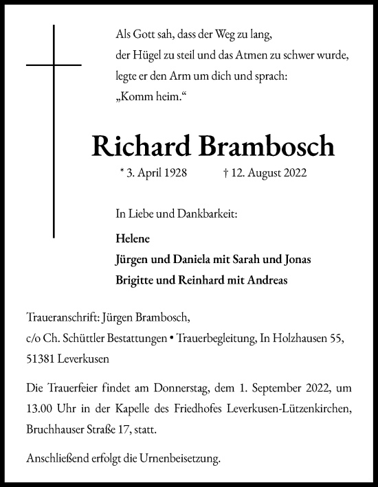 Anzeige von Richard Brambosch von Kölner Stadt-Anzeiger / Kölnische Rundschau / Express
