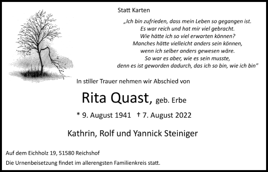 Anzeige von Rita Quast von  Lokalanzeiger 