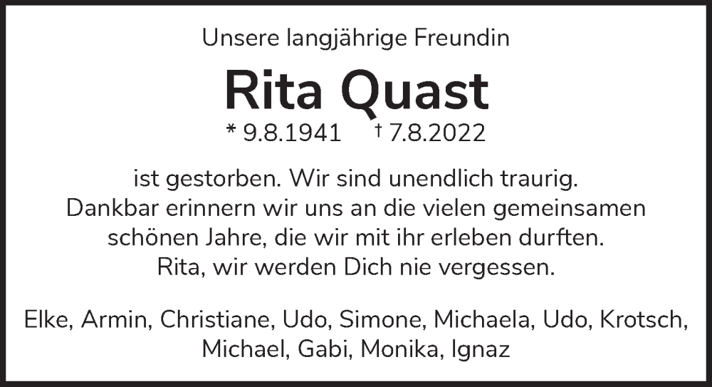  Traueranzeige für Rita Quast vom 19.08.2022 aus  Lokalanzeiger 