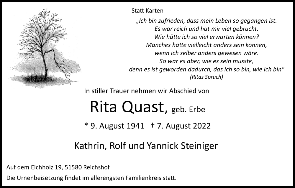 Traueranzeige für Rita Quast vom 16.08.2022 aus Kölner Stadt-Anzeiger / Kölnische Rundschau / Express
