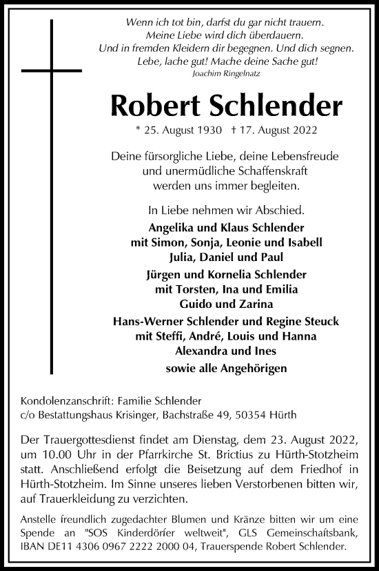 Anzeige von Robert Schlender von Kölner Stadt-Anzeiger / Kölnische Rundschau / Express