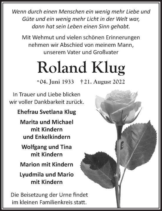 Anzeige von Roland Klug von  Extra Blatt 
