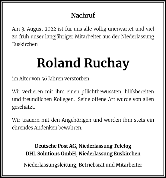 Anzeige von Roland Ruchay von Kölner Stadt-Anzeiger / Kölnische Rundschau / Express