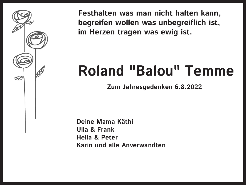  Traueranzeige für Roland Temme vom 06.08.2022 aus Kölner Stadt-Anzeiger / Kölnische Rundschau / Express