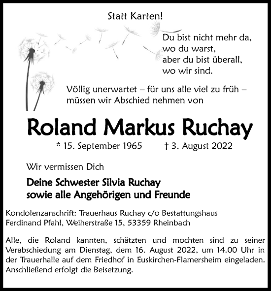 Anzeige von Roland Markus Ruchay von Kölner Stadt-Anzeiger / Kölnische Rundschau / Express