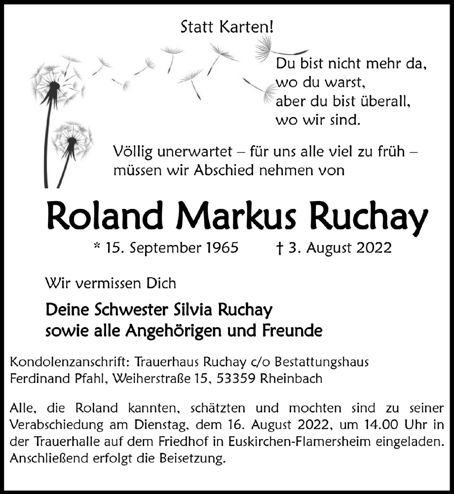  Traueranzeige für Roland Markus Ruchay vom 13.08.2022 aus  Blickpunkt Euskirchen 