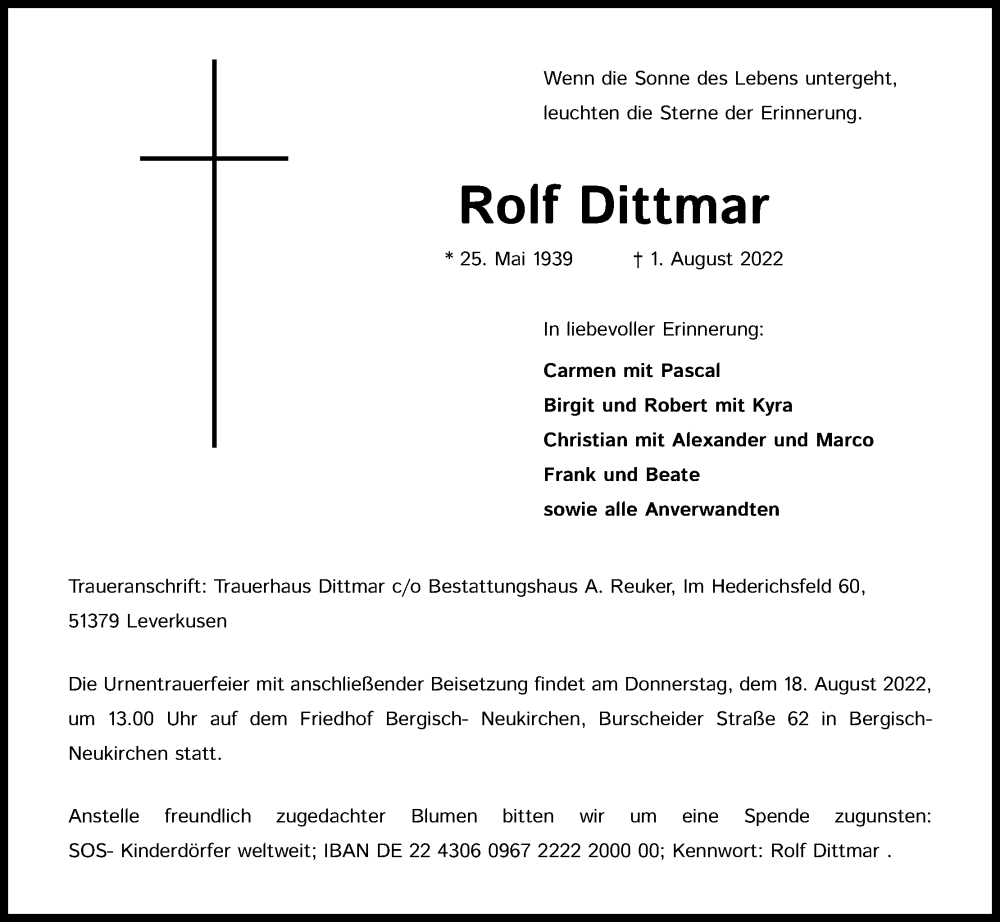  Traueranzeige für Rolf Dittmar vom 13.08.2022 aus Kölner Stadt-Anzeiger / Kölnische Rundschau / Express