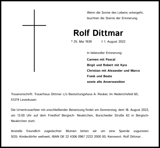 Anzeige von Rolf Dittmar von Kölner Stadt-Anzeiger / Kölnische Rundschau / Express