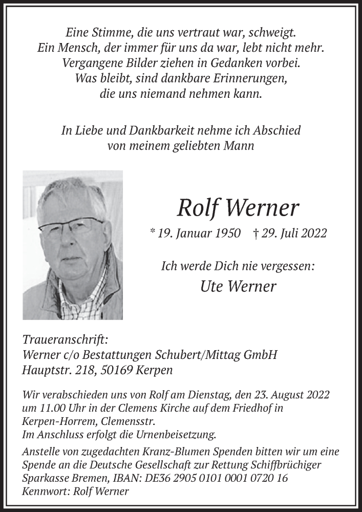  Traueranzeige für Rolf Werner vom 19.08.2022 aus  Werbepost 