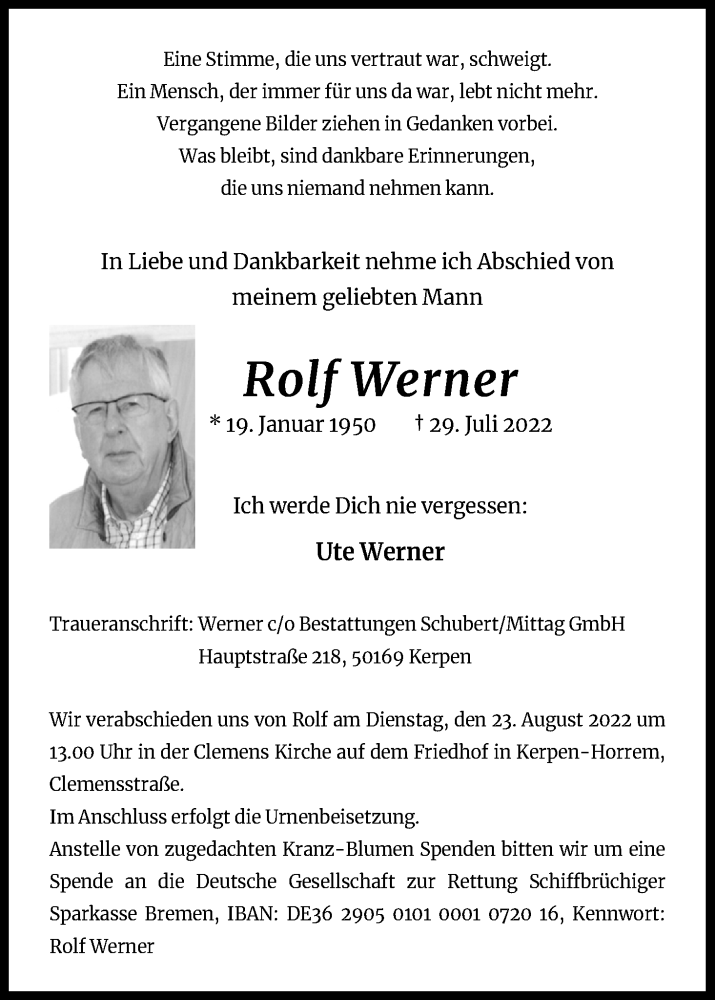  Traueranzeige für Rolf Werner vom 20.08.2022 aus Kölner Stadt-Anzeiger / Kölnische Rundschau / Express