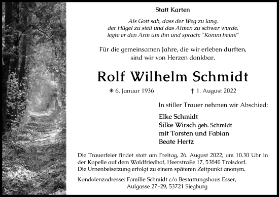 Anzeige von Rolf Wilhelm Schmidt von Kölner Stadt-Anzeiger / Kölnische Rundschau / Express