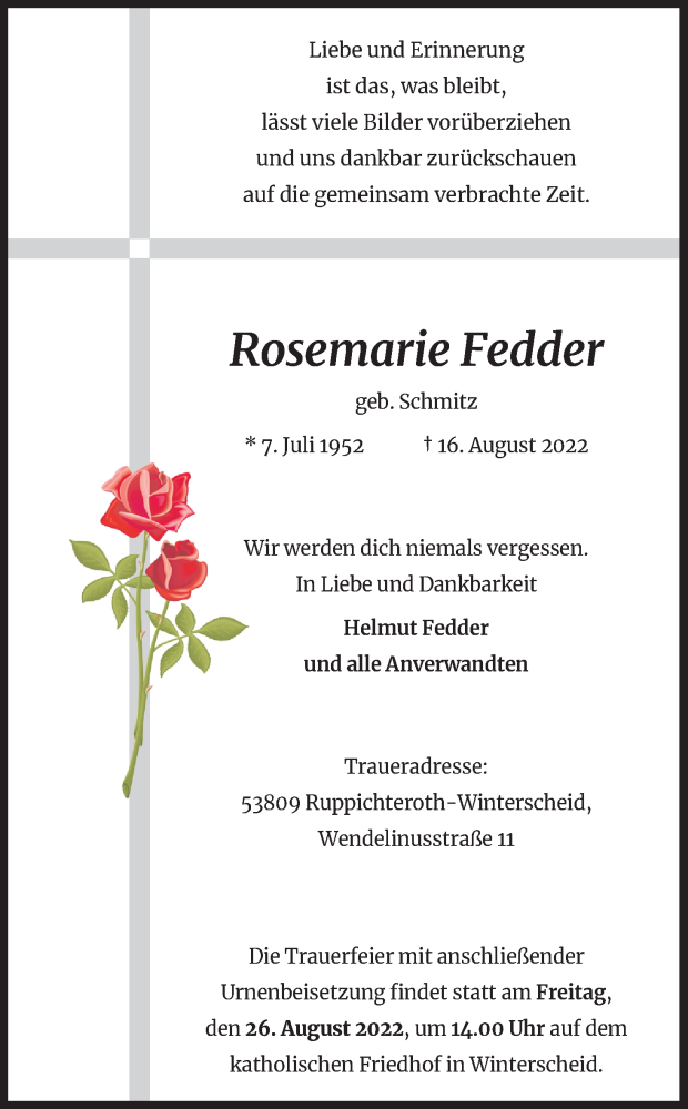  Traueranzeige für Rosemarie Fedder vom 20.08.2022 aus Kölner Stadt-Anzeiger / Kölnische Rundschau / Express