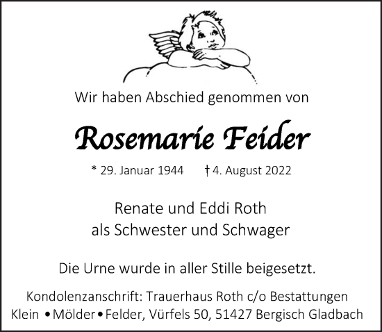 Anzeige von Rosemarie Feider von  Bergisches Handelsblatt 