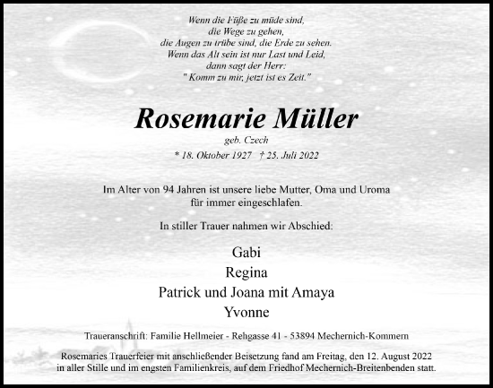 Anzeige von Rosemarie Müller von  Blickpunkt Euskirchen 