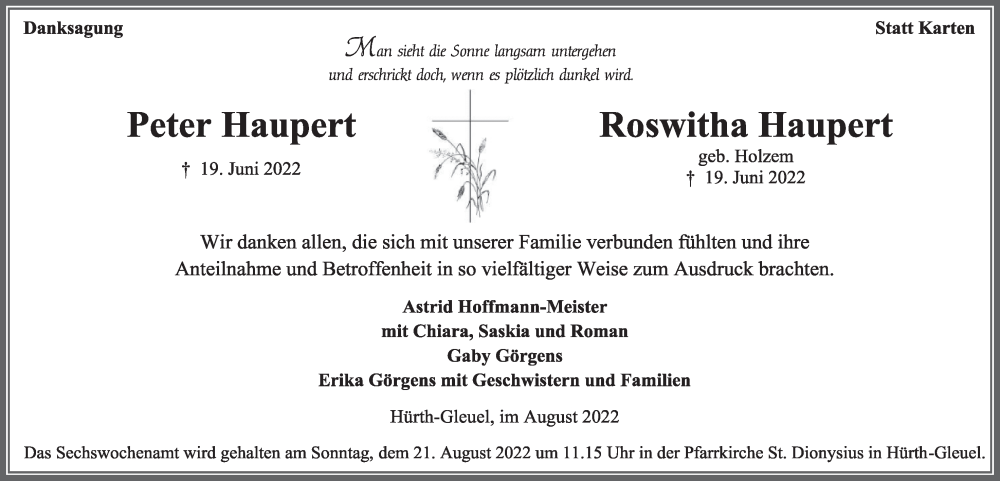  Traueranzeige für Roswitha Haupert vom 12.08.2022 aus  Wochenende 