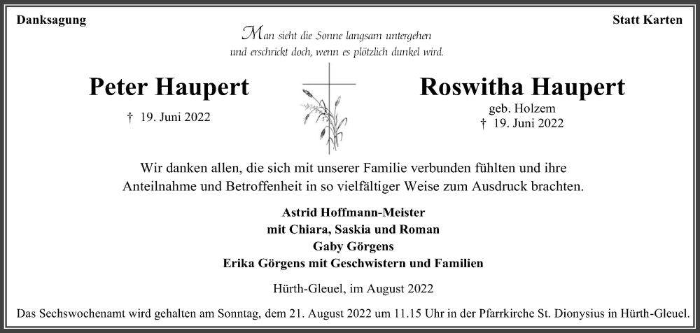  Traueranzeige für Roswitha Haupert vom 13.08.2022 aus Kölner Stadt-Anzeiger / Kölnische Rundschau / Express