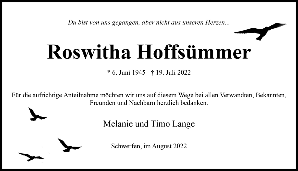  Traueranzeige für Roswitha Hoffsümmer vom 27.08.2022 aus  Blickpunkt Euskirchen 
