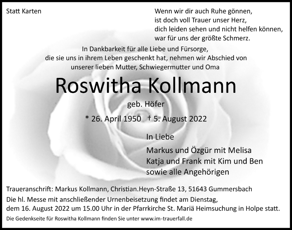  Traueranzeige für Roswitha Kollmann vom 12.08.2022 aus  Lokalanzeiger 