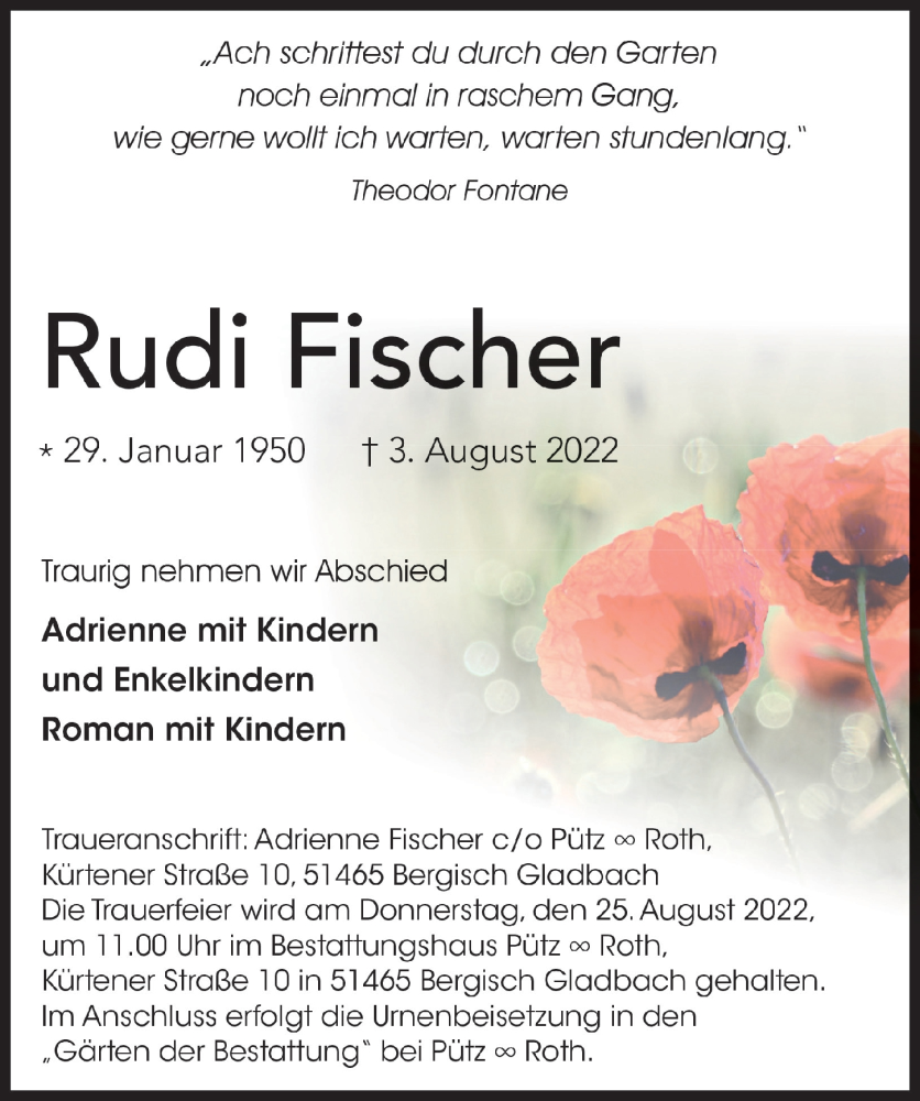  Traueranzeige für Rudi Fischer vom 12.08.2022 aus  Bergisches Handelsblatt 