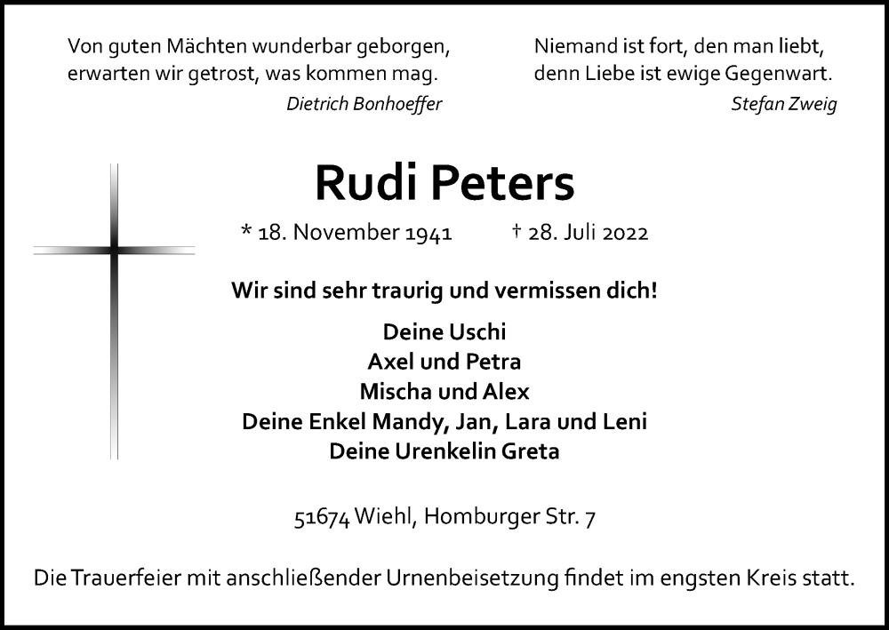  Traueranzeige für Rudi Peters vom 02.08.2022 aus Kölner Stadt-Anzeiger / Kölnische Rundschau / Express