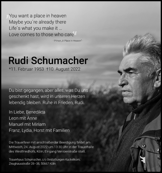 Anzeige von Rudi Schumacher von Kölner Stadt-Anzeiger / Kölnische Rundschau / Express