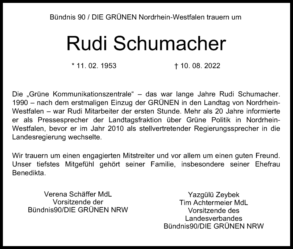  Traueranzeige für Rudi Schumacher vom 17.08.2022 aus Kölner Stadt-Anzeiger / Kölnische Rundschau / Express