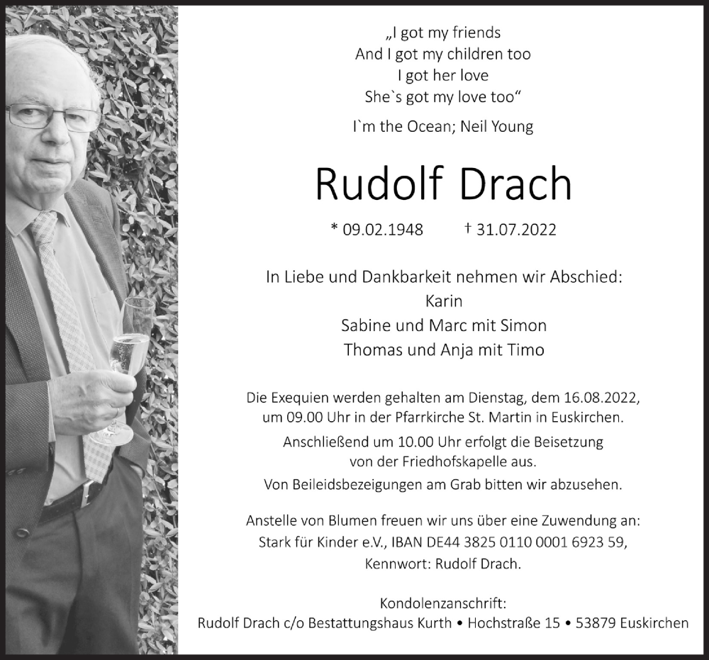  Traueranzeige für Rudolf Drach vom 13.08.2022 aus  Blickpunkt Euskirchen 