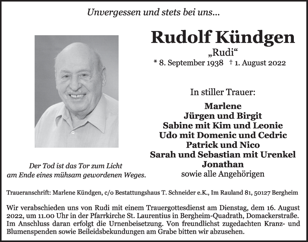  Traueranzeige für Rudolf Kündgen vom 12.08.2022 aus  Werbepost 