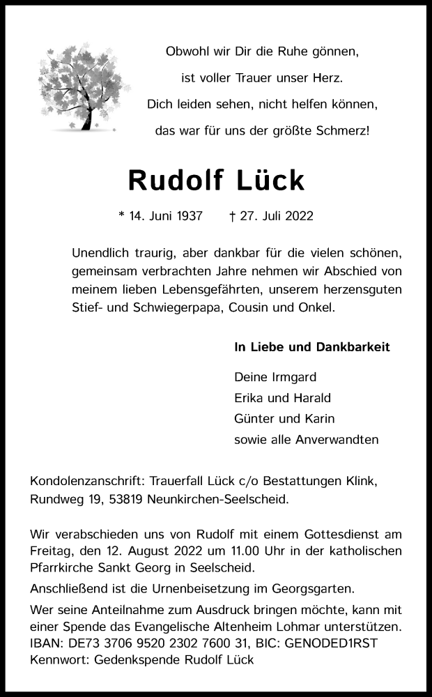  Traueranzeige für Rudolf Lück vom 06.08.2022 aus Kölner Stadt-Anzeiger / Kölnische Rundschau / Express