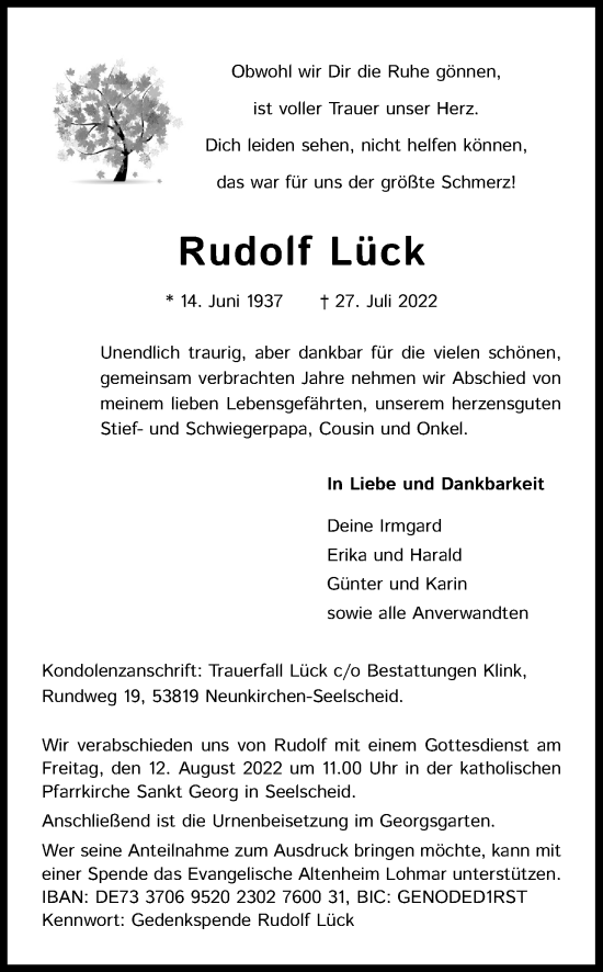Anzeige von Rudolf Lück von Kölner Stadt-Anzeiger / Kölnische Rundschau / Express