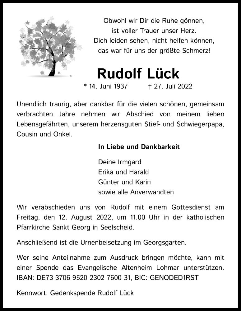  Traueranzeige für Rudolf Lück vom 06.08.2022 aus Kölner Stadt-Anzeiger / Kölnische Rundschau / Express