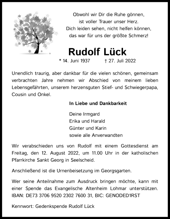 Anzeige von Rudolf Lück von Kölner Stadt-Anzeiger / Kölnische Rundschau / Express