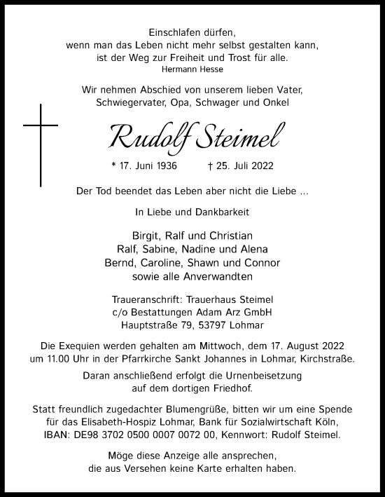 Anzeige von Rudolf Steimel von Kölner Stadt-Anzeiger / Kölnische Rundschau / Express