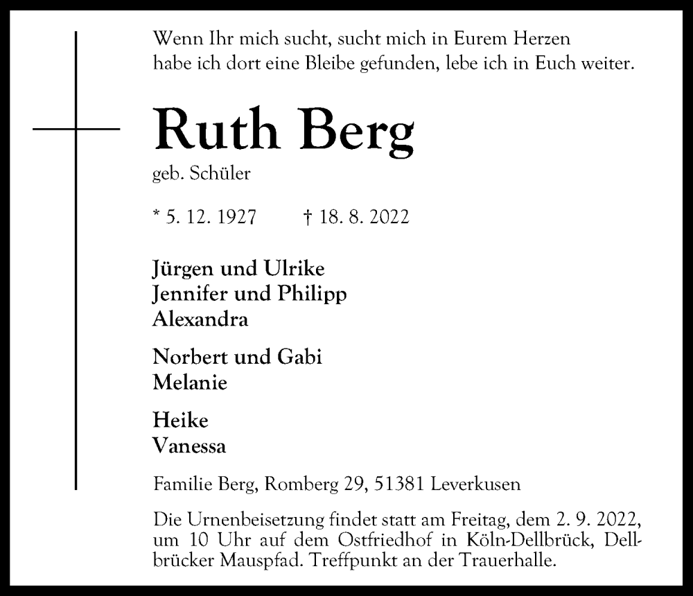  Traueranzeige für Ruth Berg vom 27.08.2022 aus Kölner Stadt-Anzeiger / Kölnische Rundschau / Express