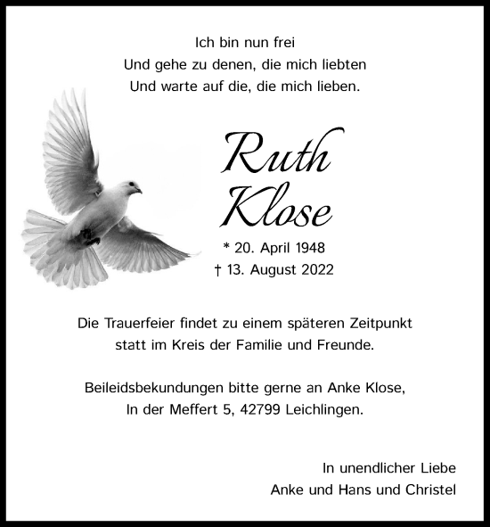 Anzeige von Ruth Klose von Kölner Stadt-Anzeiger / Kölnische Rundschau / Express