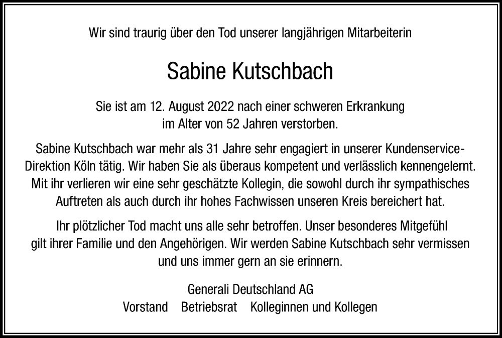 Traueranzeige für Sabine Kutschbach vom 20.08.2022 aus Kölner Stadt-Anzeiger / Kölnische Rundschau / Express