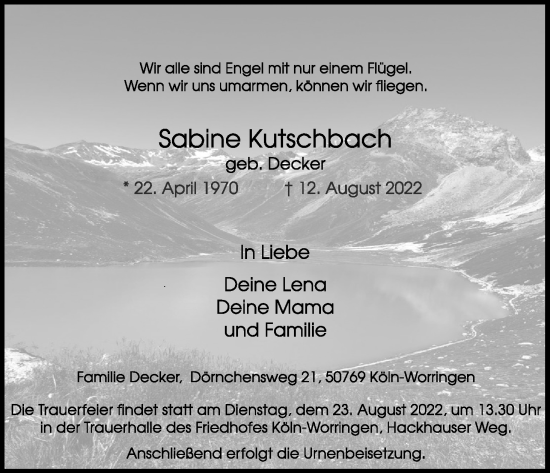 Anzeige von Sabine Kutschbach von Kölner Stadt-Anzeiger / Kölnische Rundschau / Express