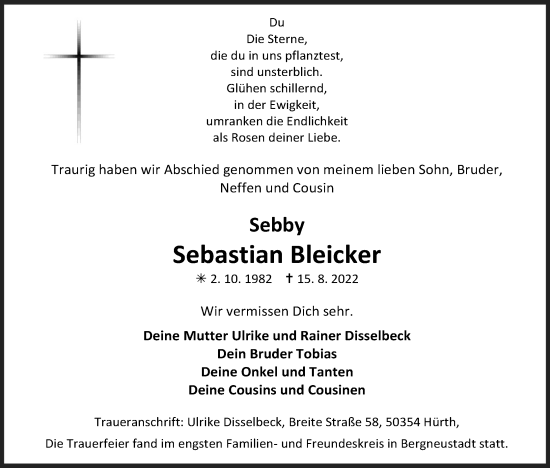 Anzeige von Sebastian Bleicker von Kölner Stadt-Anzeiger / Kölnische Rundschau / Express
