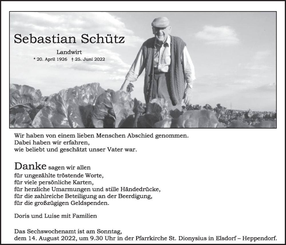  Traueranzeige für Sebastian Schütz vom 05.08.2022 aus  Werbepost 