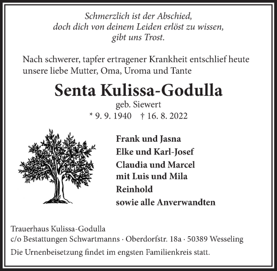 Anzeige von Senta Kulissa-Godulla von  EXPRESS - Die Woche 