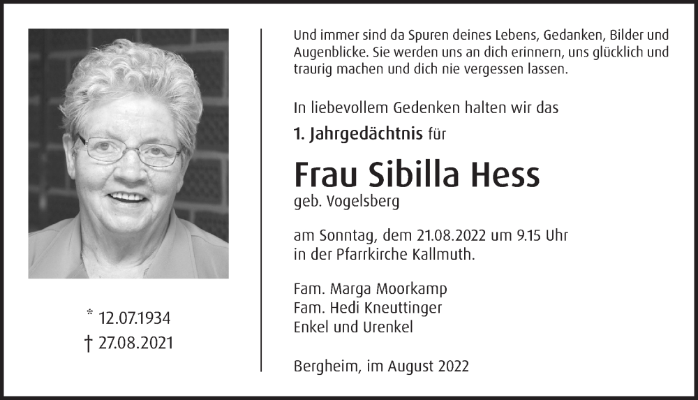  Traueranzeige für Sibilla Hess vom 13.08.2022 aus  Blickpunkt Euskirchen 