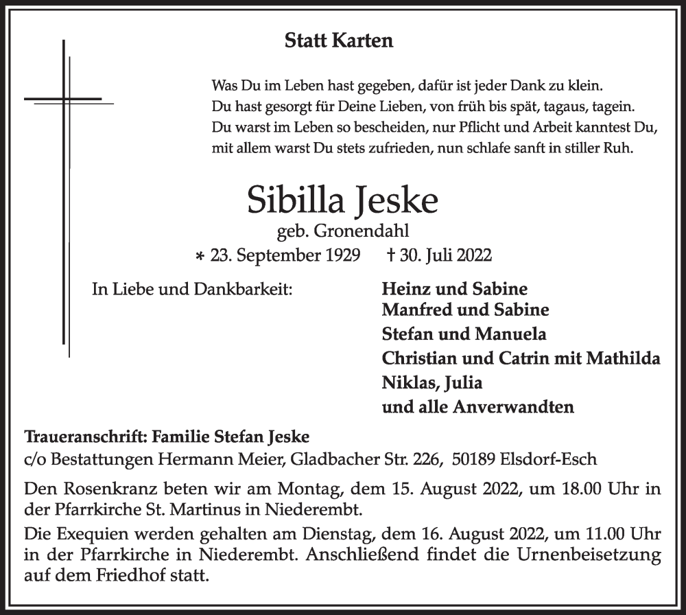  Traueranzeige für Sibilla Jeske vom 12.08.2022 aus  Werbepost 