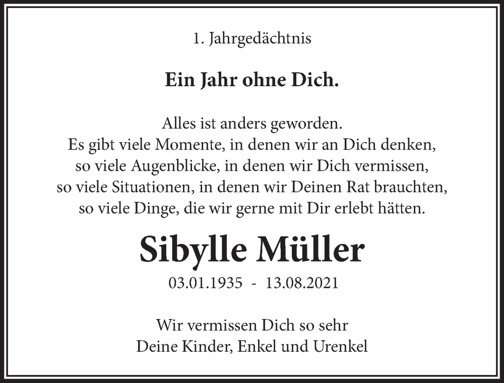  Traueranzeige für Sibylle Müller vom 12.08.2022 aus  Werbepost 