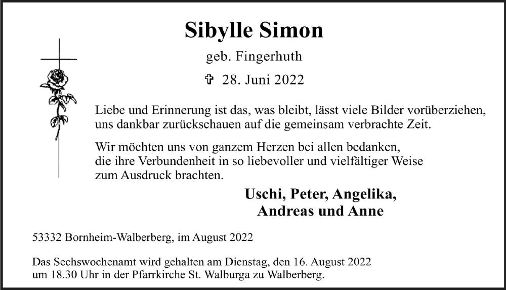  Traueranzeige für Sibylle Simon vom 12.08.2022 aus  Schlossbote/Werbekurier 