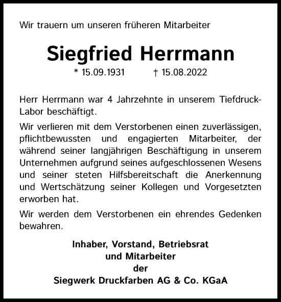Anzeige von Siegfried Herrmann von Kölner Stadt-Anzeiger / Kölnische Rundschau / Express