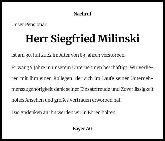 Anzeige von Siegfried Milinski von Kölner Stadt-Anzeiger / Kölnische Rundschau / Express